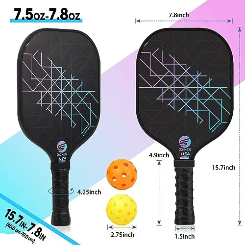 OXIKEN Pickleball Paddles Set of 4, USAPA Approved Carbon Fiber Pickle Ball Paddle (CHS), Polypropylene Honeycomb Core, Anti Slip Sweat Absorbing Grip, 4 Replacement Soft Grip, 6 Pickleball, Bag