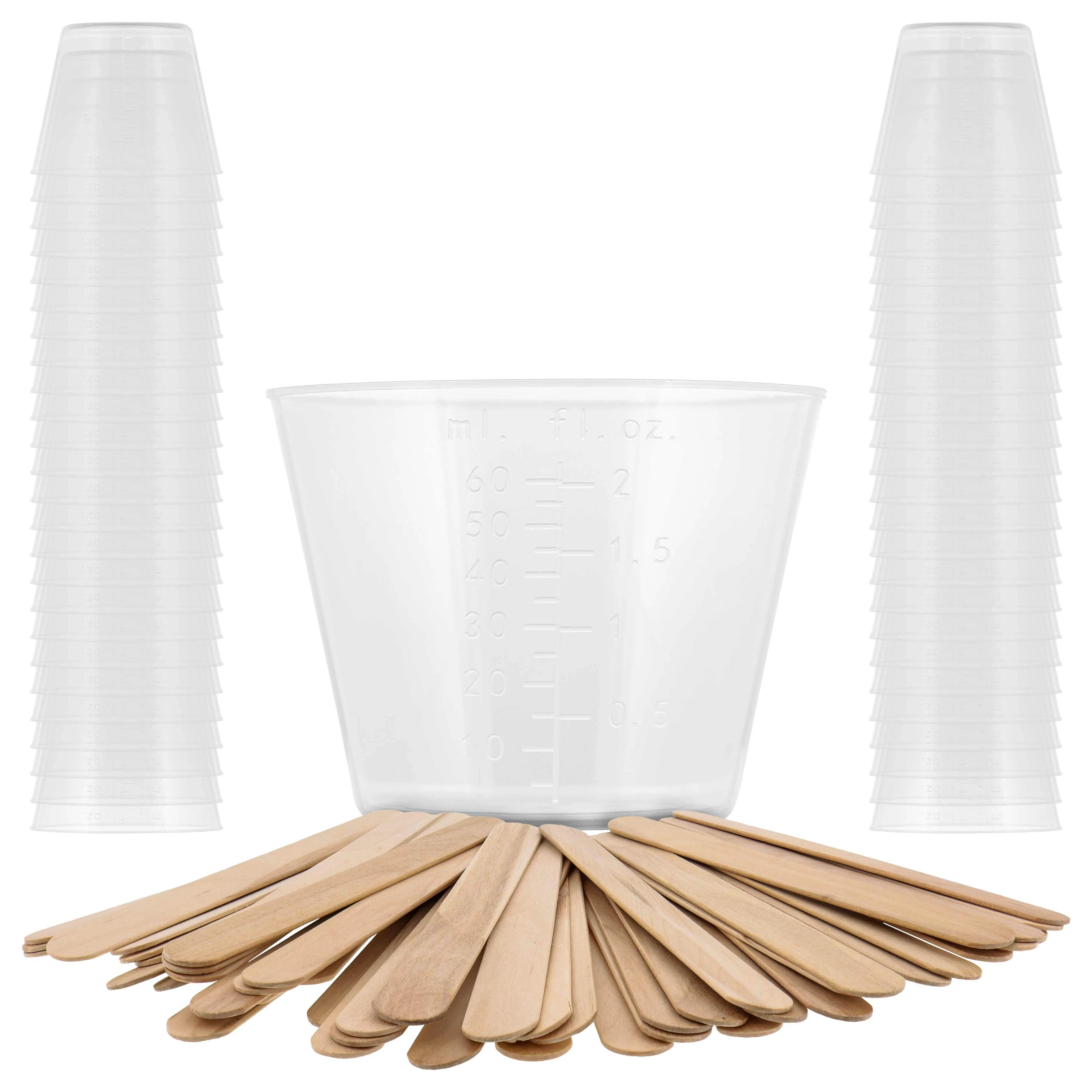 Pouring Masters 2 Ounce (60ml) Graduated Plastic Measuring Cups (50 Clear Cups & 25 Mixing Sticks) - OZ, ML Measurements, Acrylic Paint, Resin, Epoxy