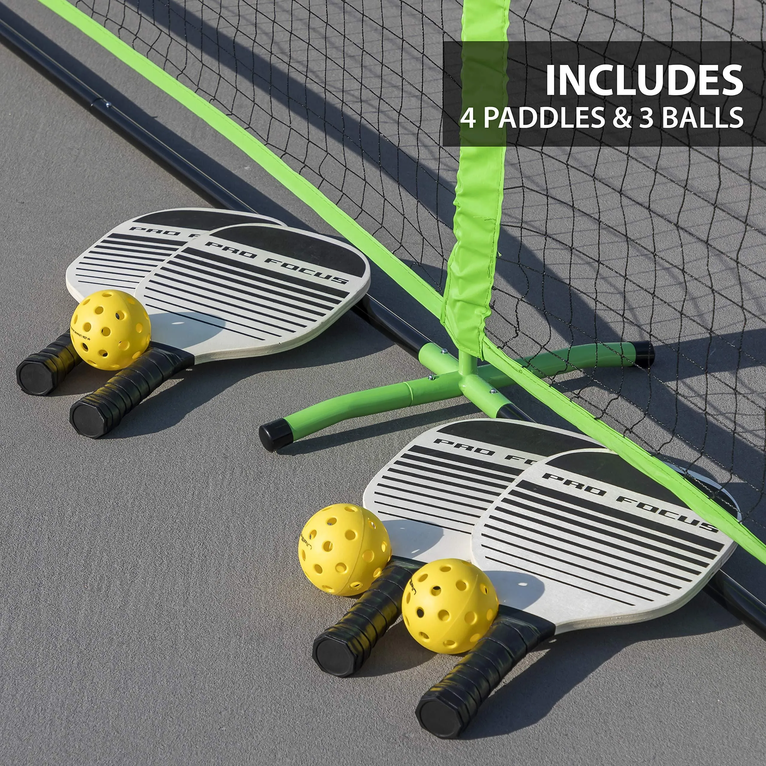 Pro Focus Pickleball Net Set - Complete with 4 Paddles, 3 Pickleball Balls, and 1 Official Size Net