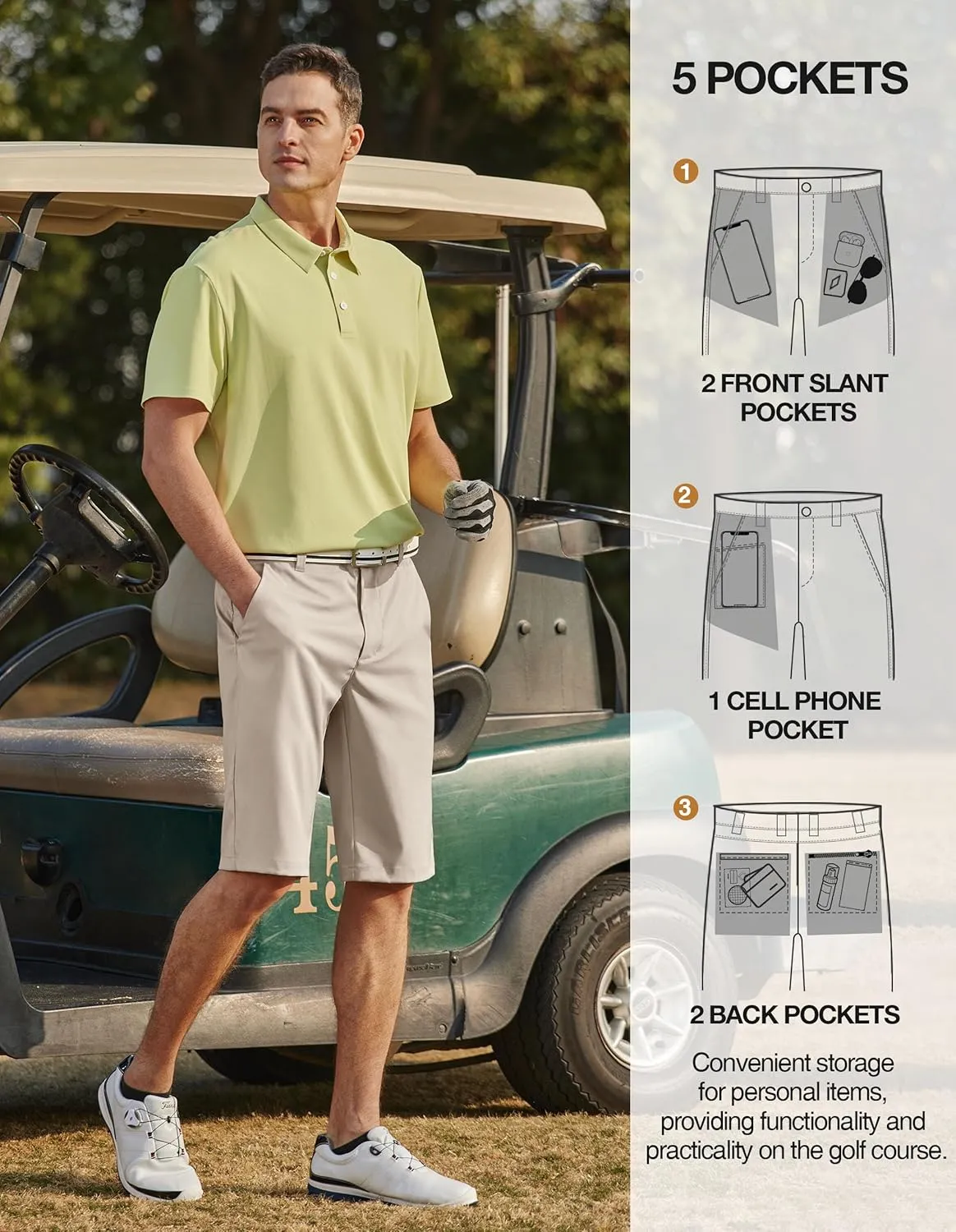 PULI Mens Golf Hiking Shorts Lightweight Casual Dress 12" Inseam Work Stretch Travel Hybrid Quick Drying with Pockets