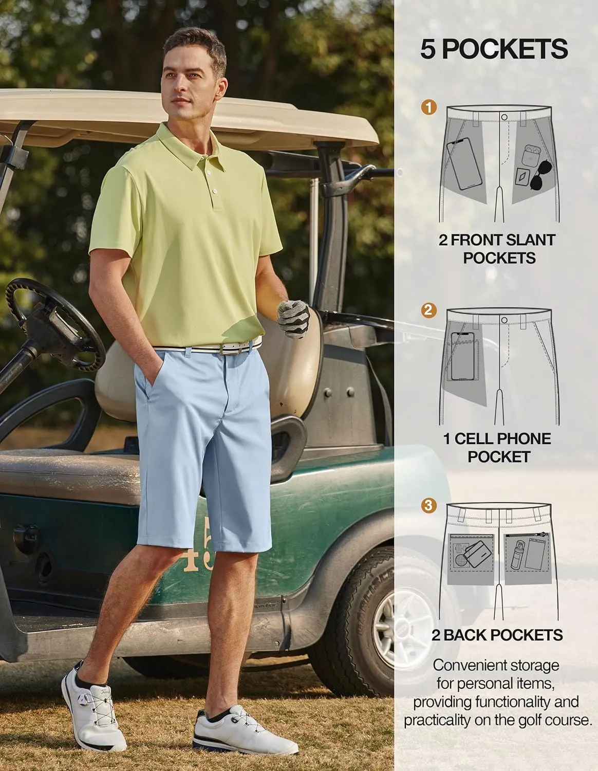 PULI Mens Golf Hiking Shorts Lightweight Casual Dress 12" Inseam Work Stretch Travel Hybrid Quick Drying with Pockets