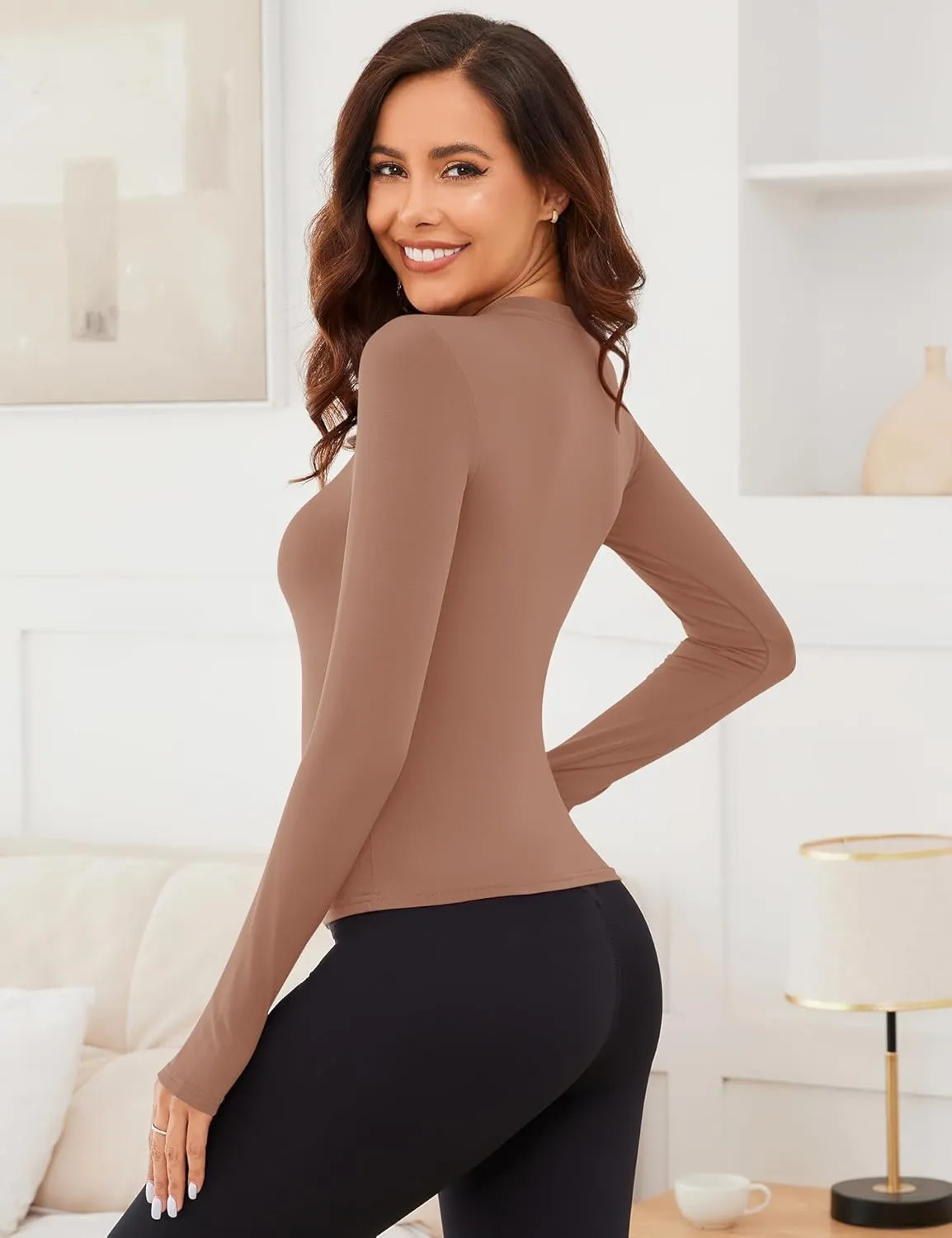 Rapbin Thermal Shirts for Women Long Sleeve Tops Ladies Fleece Undershirt for Winter Cold Weather with Thumb Holes XS-L