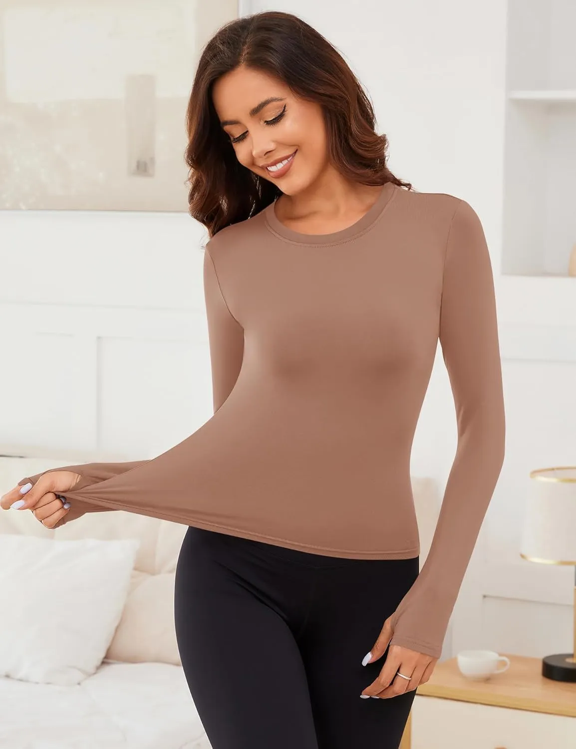 Rapbin Thermal Shirts for Women Long Sleeve Tops Ladies Fleece Undershirt for Winter Cold Weather with Thumb Holes XS-L