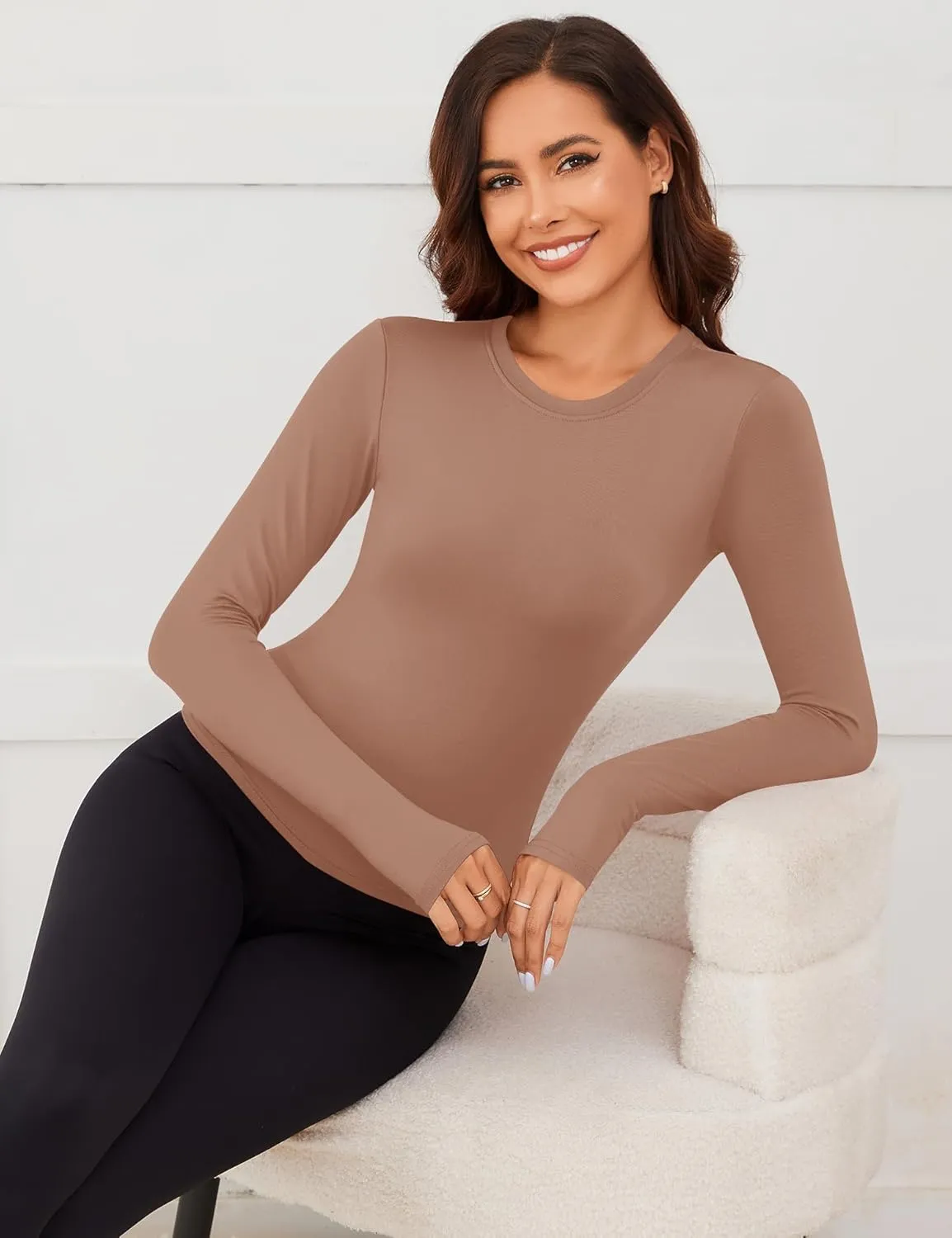Rapbin Thermal Shirts for Women Long Sleeve Tops Ladies Fleece Undershirt for Winter Cold Weather with Thumb Holes XS-L