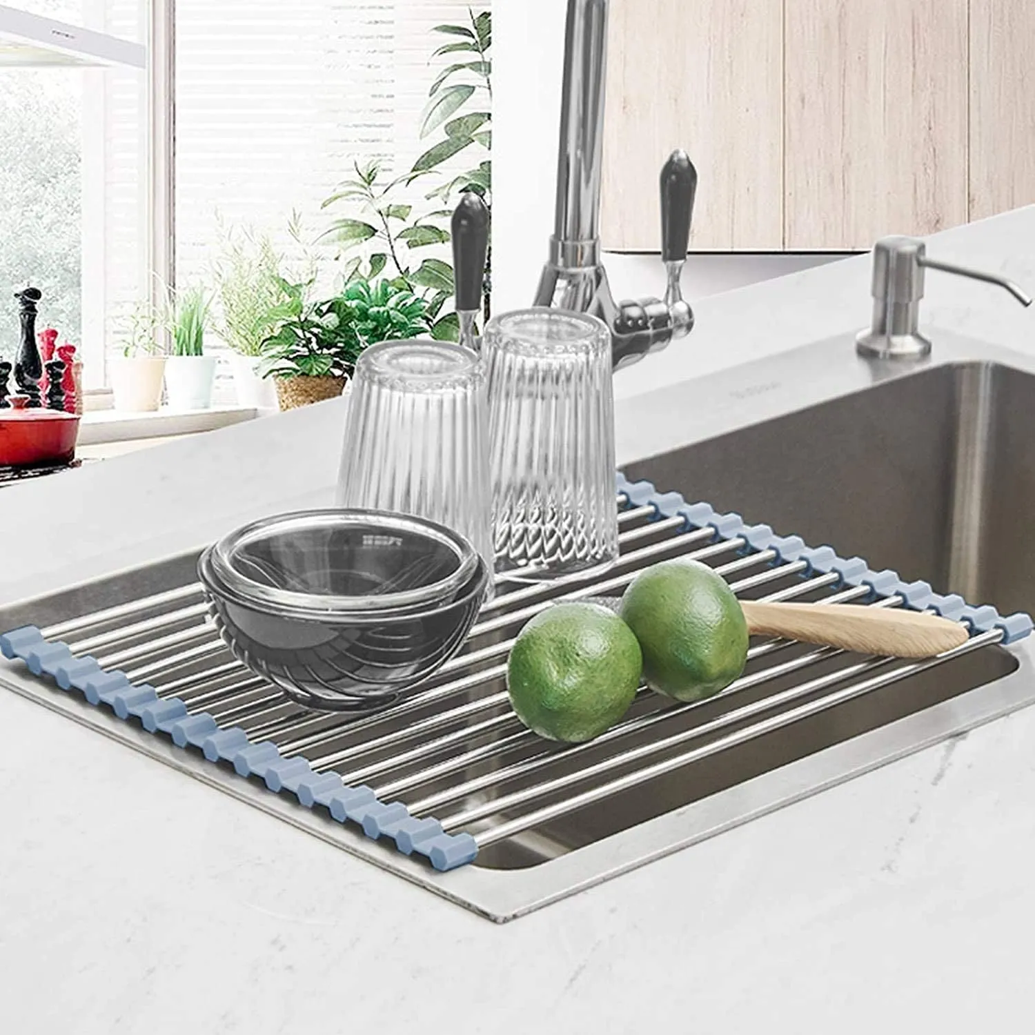Seropy Roll up Dish Drying Rack, over the Sink Dish Drying Rack Kitchen Rolling Dish Drainer, Foldable Sink Rack Mat Stainless Steel Wire Dish Drying Rack for Kitchen Sink Counter Storage 17.5X11.8