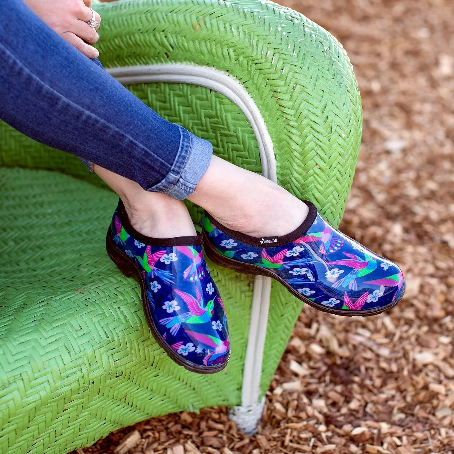 Sloggers Original Waterproof Rain and Garden Shoe for Women Outdoor Slip-On Garden Clog - Made in The USA with Premium Comfort Insole and Arch Support - Blue/Pink Hummingbird Print, Size 8