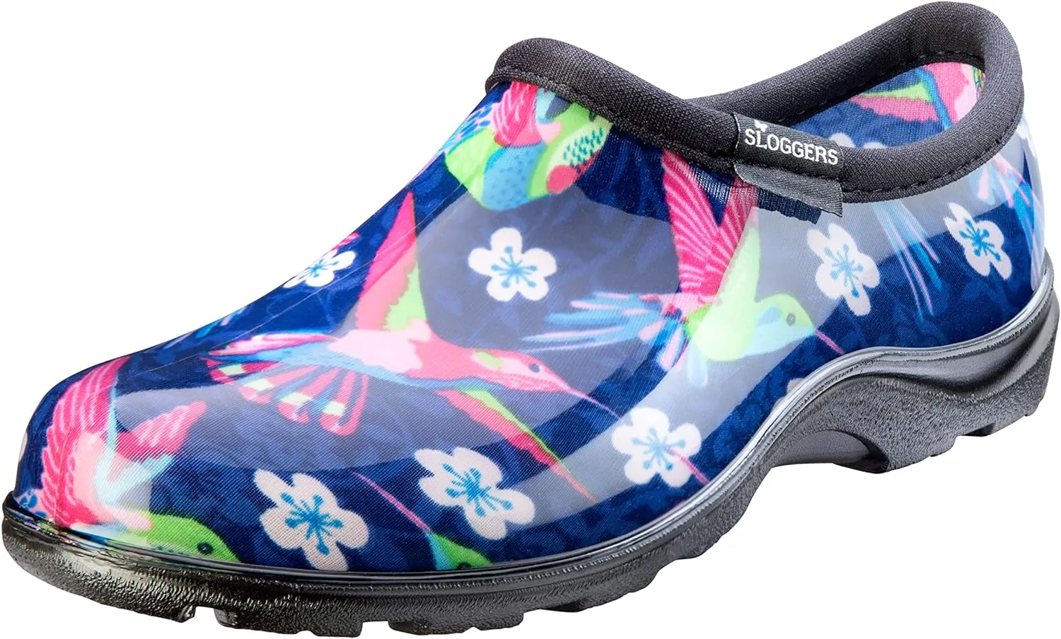Sloggers Original Waterproof Rain and Garden Shoe for Women Outdoor Slip-On Garden Clog - Made in The USA with Premium Comfort Insole and Arch Support - Blue/Pink Hummingbird Print, Size 8