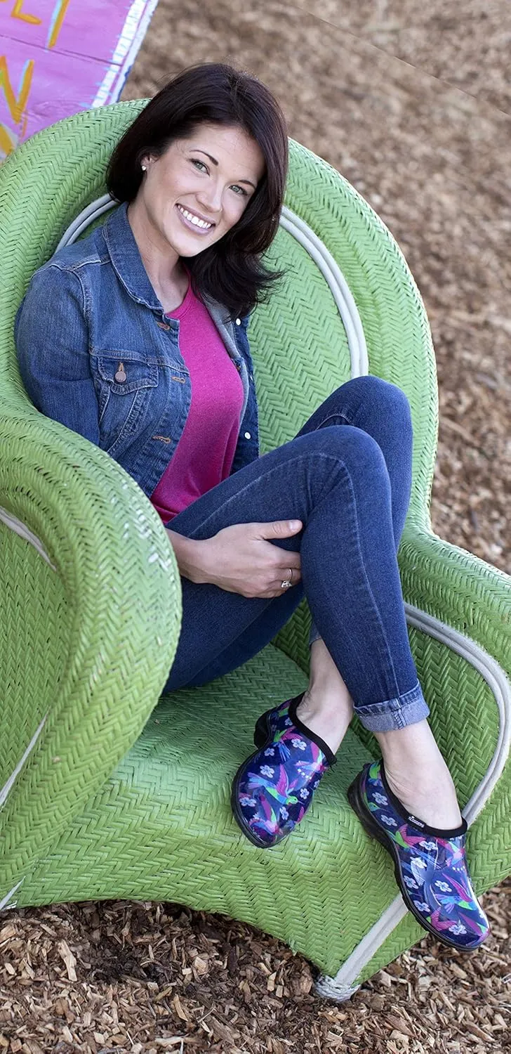 Sloggers Original Waterproof Rain and Garden Shoe for Women Outdoor Slip-On Garden Clog - Made in The USA with Premium Comfort Insole and Arch Support - Blue/Pink Hummingbird Print, Size 8