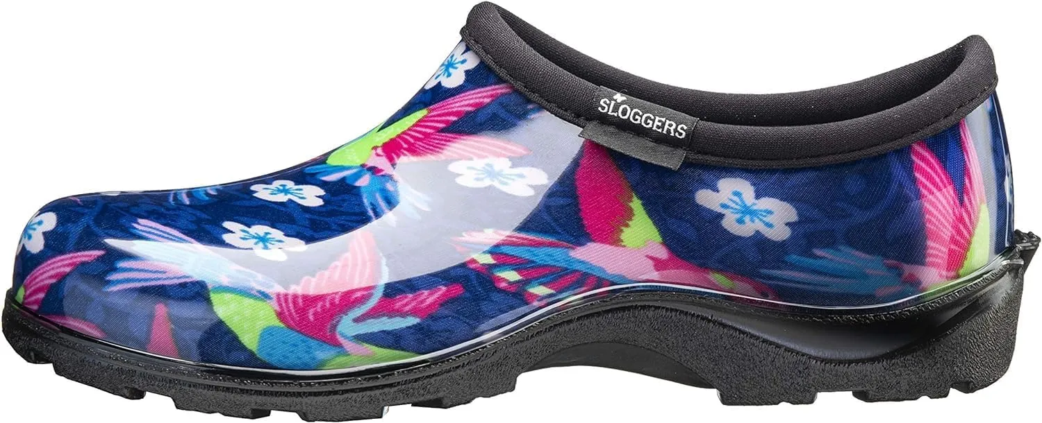 Sloggers Original Waterproof Rain and Garden Shoe for Women Outdoor Slip-On Garden Clog - Made in The USA with Premium Comfort Insole and Arch Support - Blue/Pink Hummingbird Print, Size 8