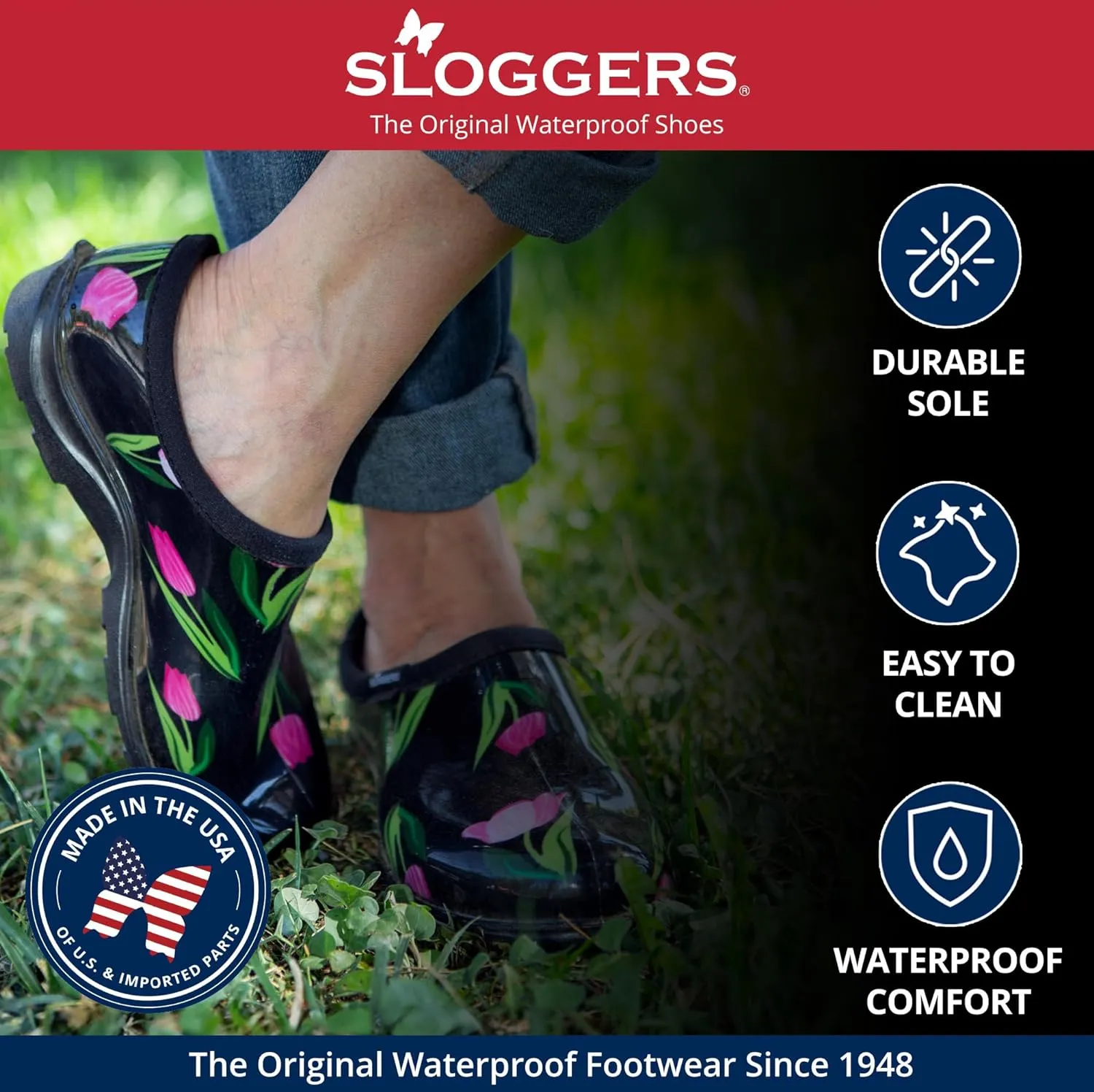 Sloggers Original Waterproof Rain and Garden Shoe for Women Outdoor Slip-On Garden Clog - Made in The USA with Premium Comfort Insole and Arch Support - Blue/Pink Hummingbird Print, Size 8