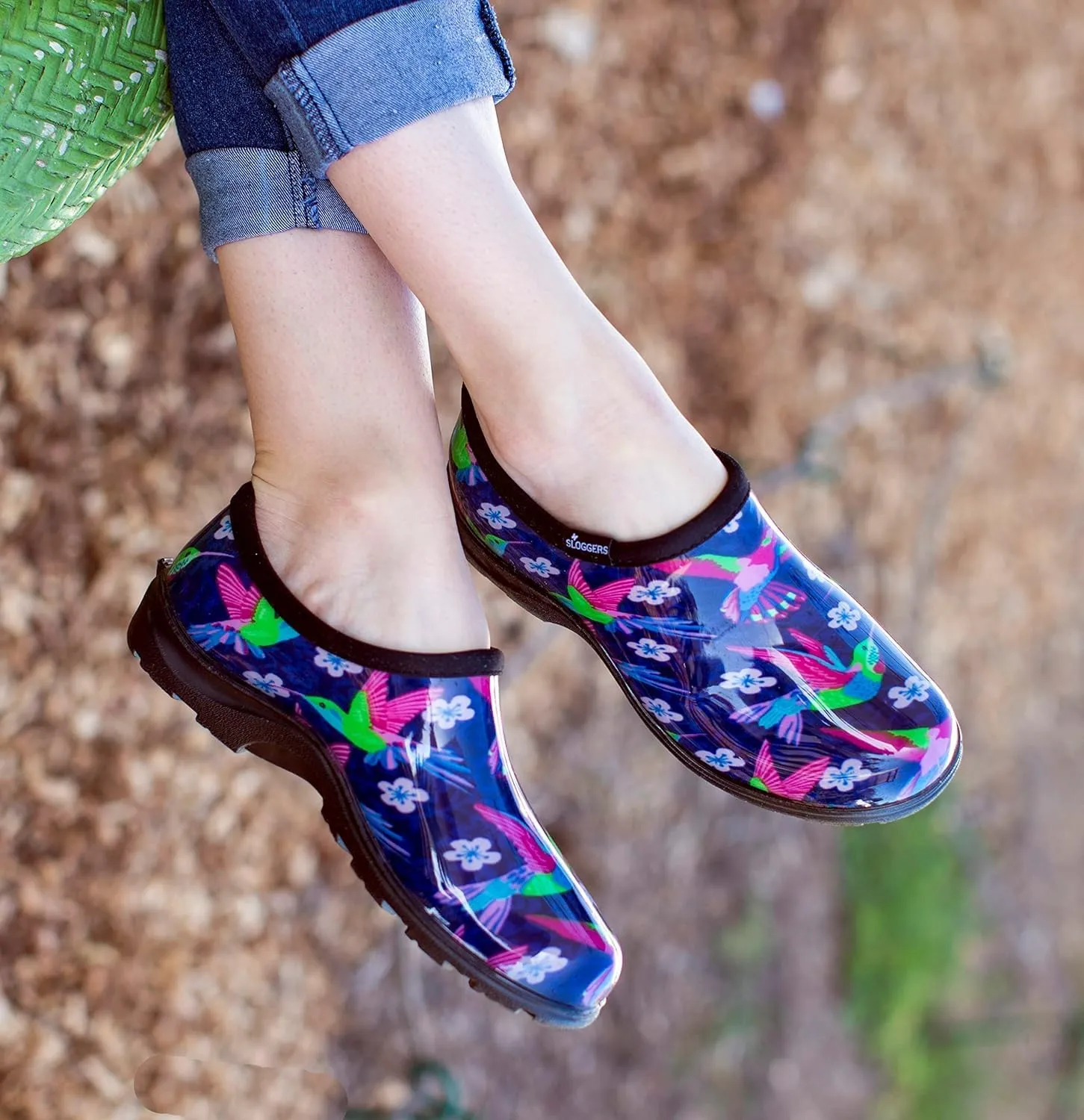 Sloggers Original Waterproof Rain and Garden Shoe for Women Outdoor Slip-On Garden Clog - Made in The USA with Premium Comfort Insole and Arch Support - Blue/Pink Hummingbird Print, Size 8