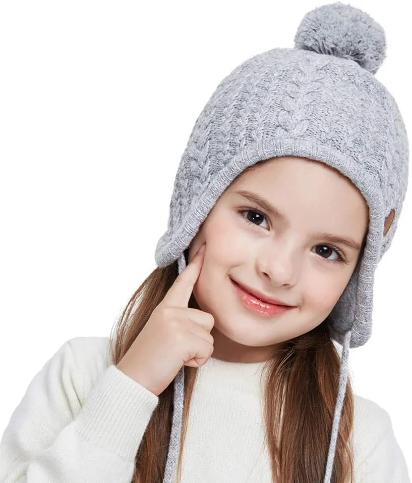 SOMALER Toddler Baby Boys Girls Winter Hat Kids Ear Flap Warm Fleece Lined Knit Beanie Fur Pom Hat