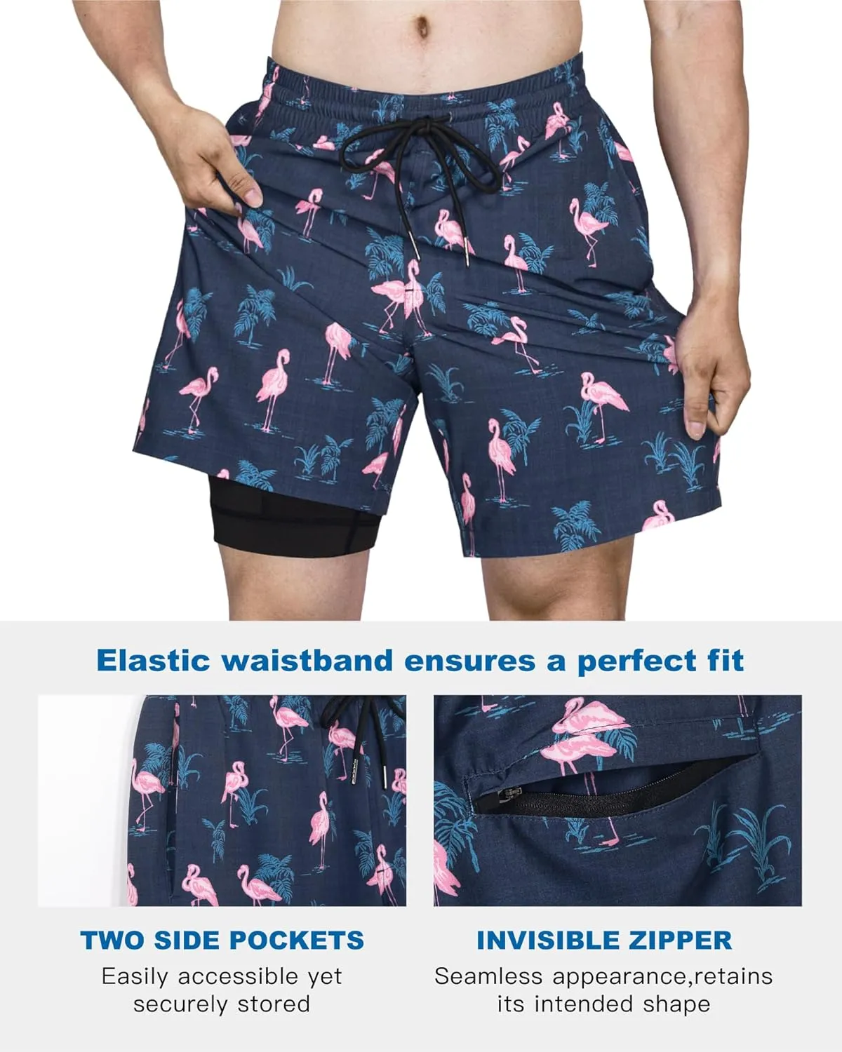 SURF CUZ Mens Swim Trunks with Compression Liner Quick Dry Swim Shorts 7" Swimming Trunks Stretch Bathing Suit 7 Inch