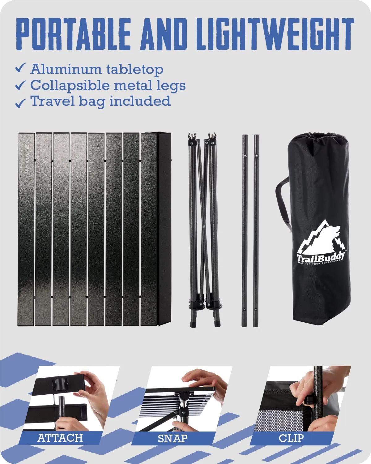 TrailBuddy Folding Camping Table - Small, Aluminum, Foldable Tables with Carry Bag Included - Lightweight and Portable for Beach, Picnic, Tailgate & Outdoor Use, 28in x 28in x 28in
