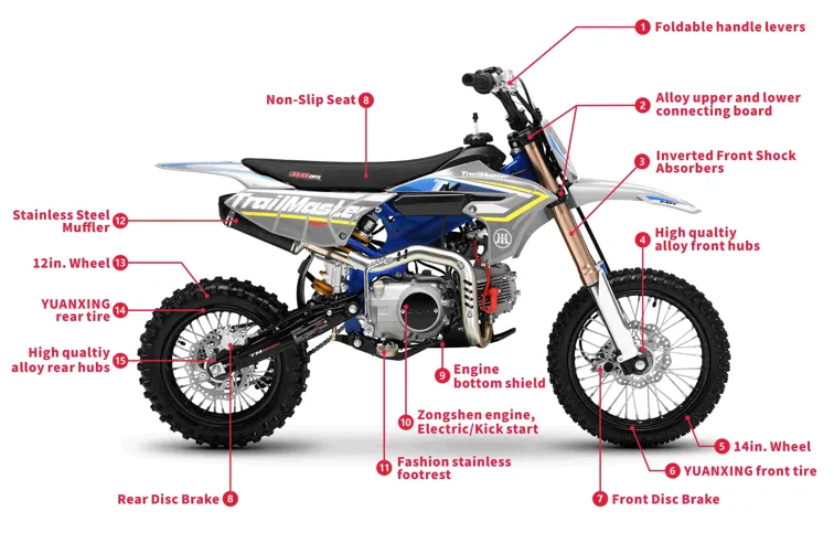 Trailmaster JHL MK125 Dirt Bike, 123.6cc, 4 speed manual trans,  Air Cooled, Electric Start, Dual Disk Brakes,29.5 inch seat, 14 inch front tire, Inverted Front Forks, Rear Nitrogen Mono Shock.