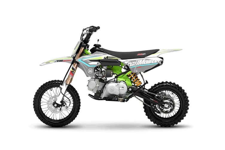 Trailmaster JHL MK125 Dirt Bike, 123.6cc, 4 speed manual trans,  Air Cooled, Electric Start, Dual Disk Brakes,29.5 inch seat, 14 inch front tire, Inverted Front Forks, Rear Nitrogen Mono Shock.