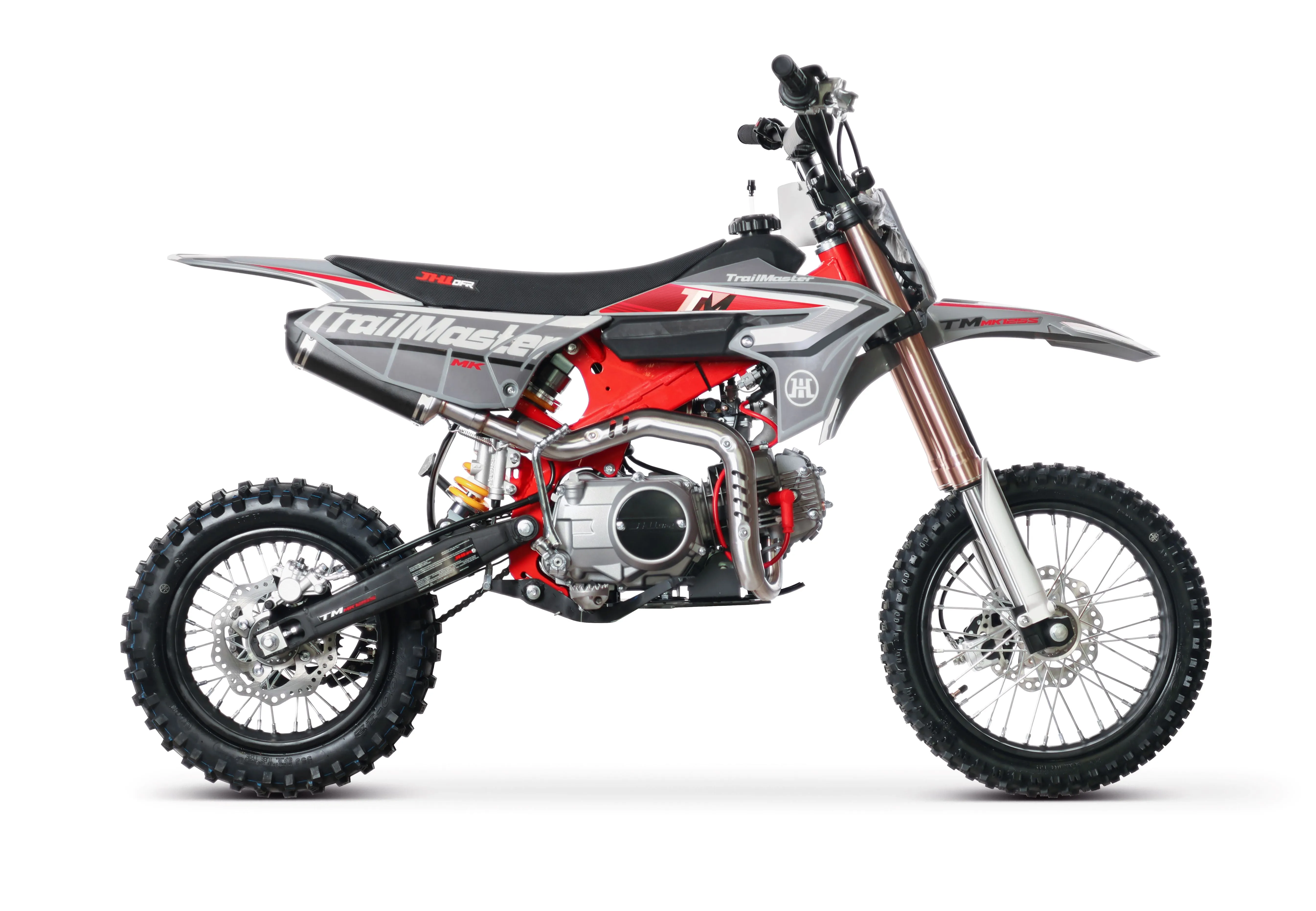 Trailmaster JHL MK125S PRO Dirt Bike, Dirt Bike, 4 speed semi automatic  trans,  Air Cooled, Electric Start, Dual Disk Brakes,29.5 inch seat, 14 inch front tire, Inverted Front Forks, Rear Nitrogen Mono Shock