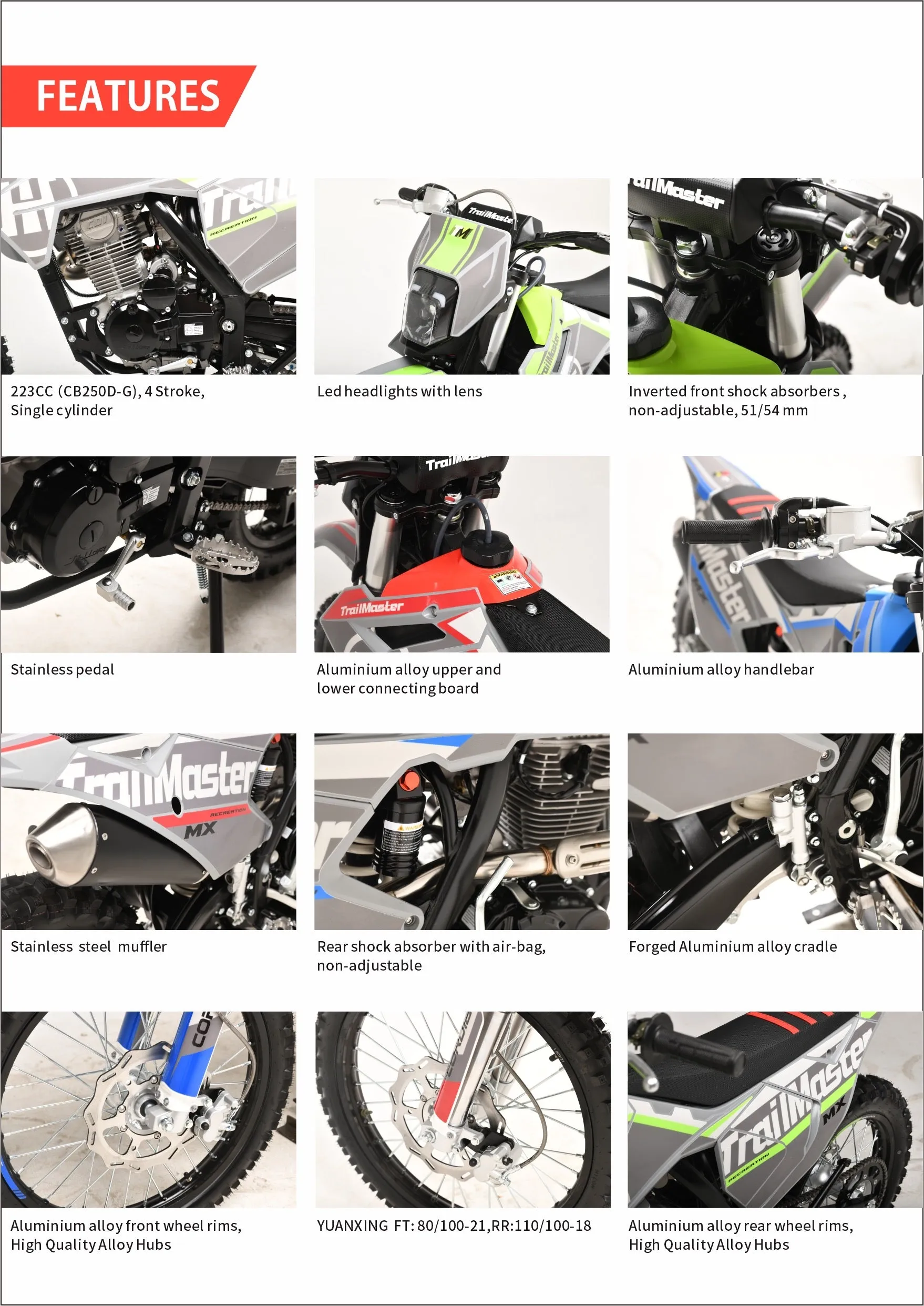 Trailmaster JHL MX250  Dirt Bike - 223cc Engine, 35.5 inch seat height, Over Head cam, Balanced Shaft,  Electric Start, Air Cooled, 4 stroke, 5 speed manual trans, 21 inch front tire & LED Headlight