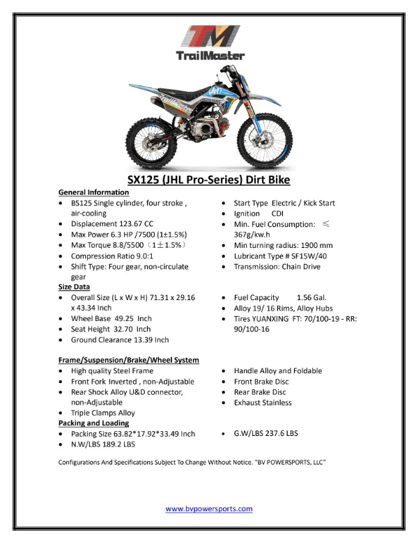 Trailmaster SX125 Dirt Bike, 4 speed manual trans, Air Cooled, Stainless Exhaust, Electric Start, 19 inch front tire, 32.70 inch seat height, Water Proof Wiring Harness