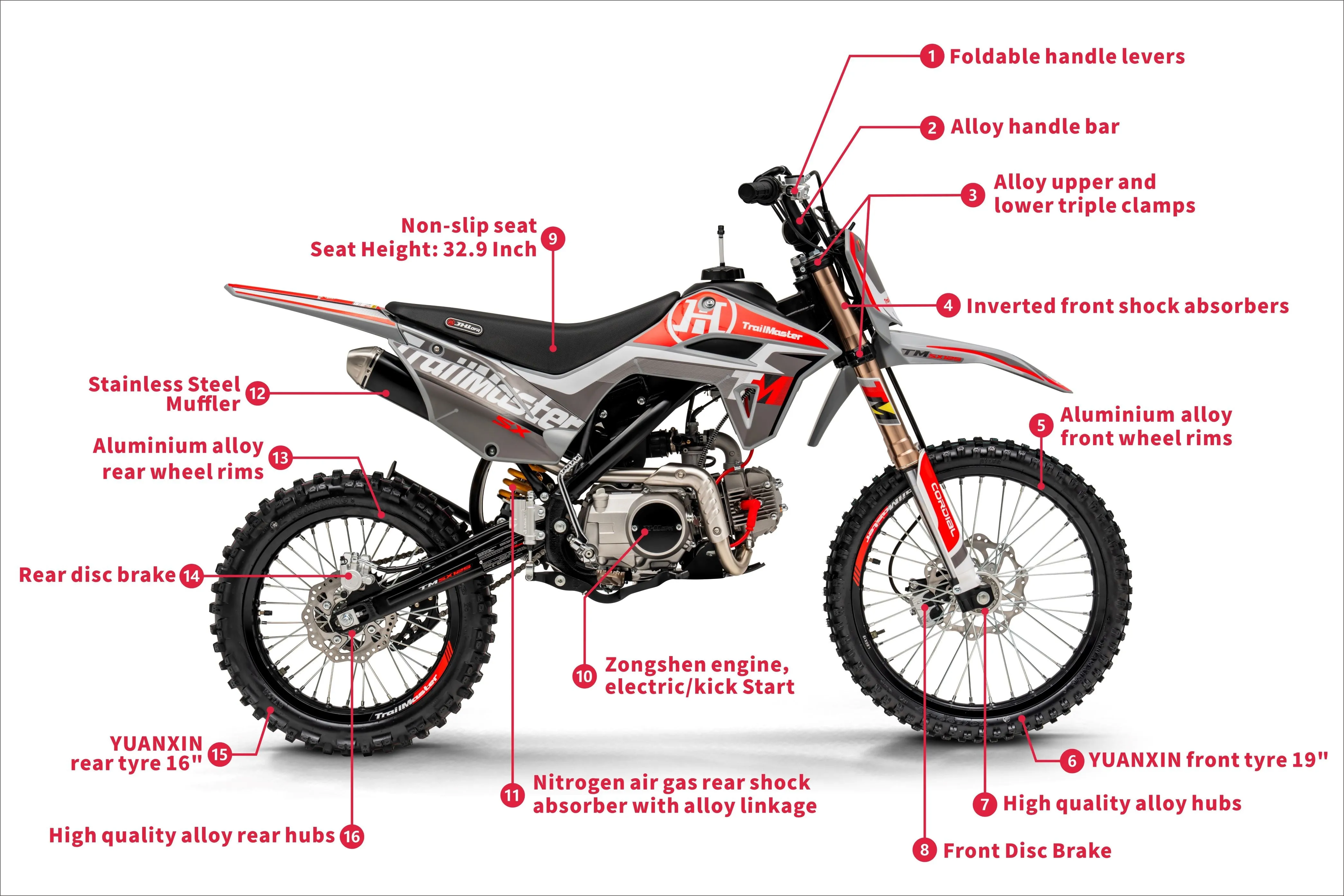 Trailmaster SX125 Dirt Bike, 4 speed manual trans, Air Cooled, Stainless Exhaust, Electric Start, 19 inch front tire, 32.70 inch seat height, Water Proof Wiring Harness
