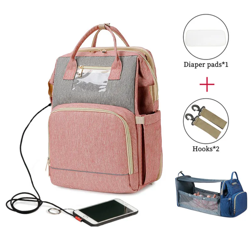 USB Diaper Bags Backpack Baby Bed Crib Bag Large Capacity Insulation Nursing Stroller Bag With Changing Mat