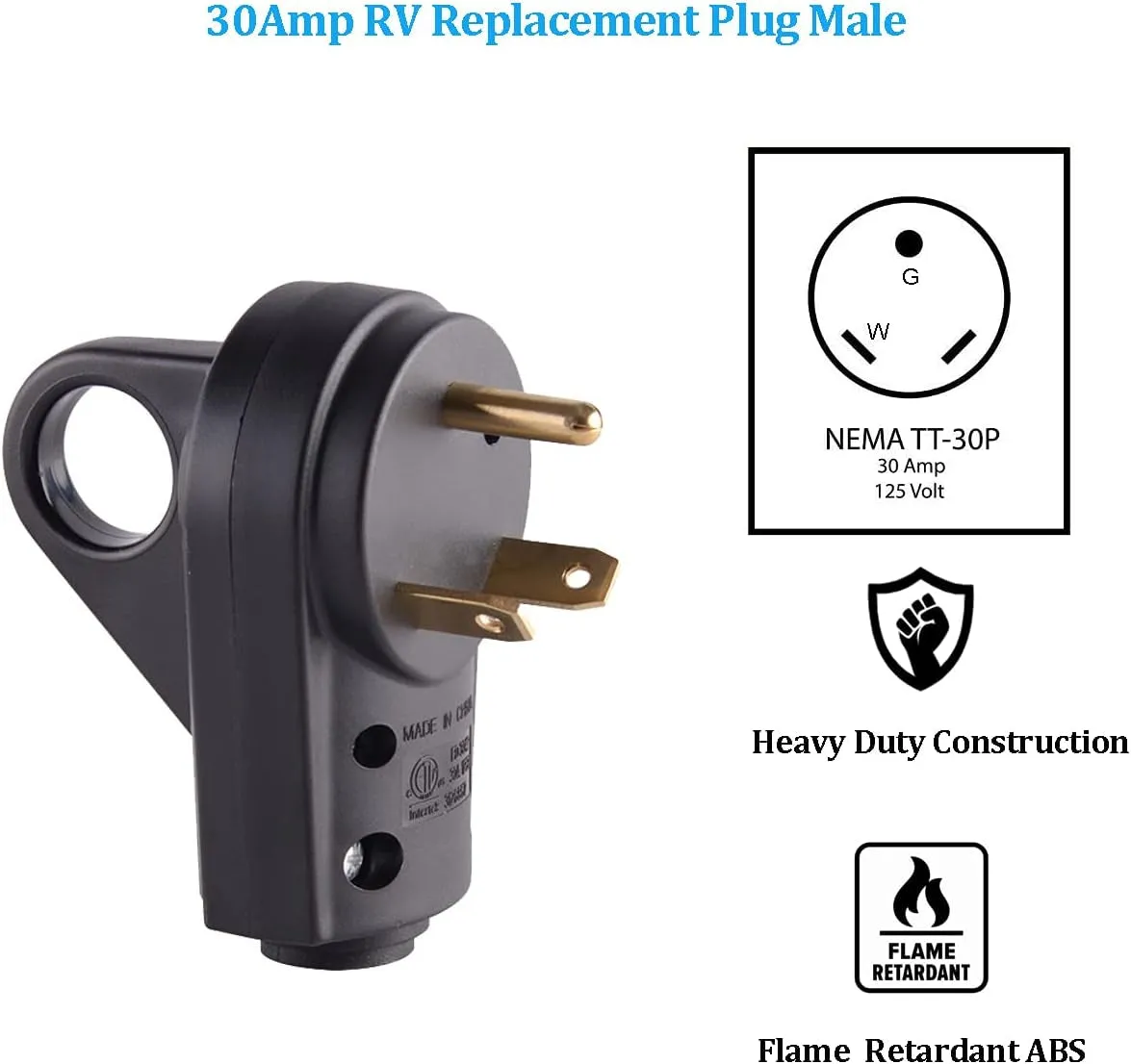 Veepeak 30 Amp RV Plug Male Replacement TT-30P Heavy Duty 125V 30A Rated 3 Prong Electrical Power Connector Extension Cord End with Easy to Grip Handle