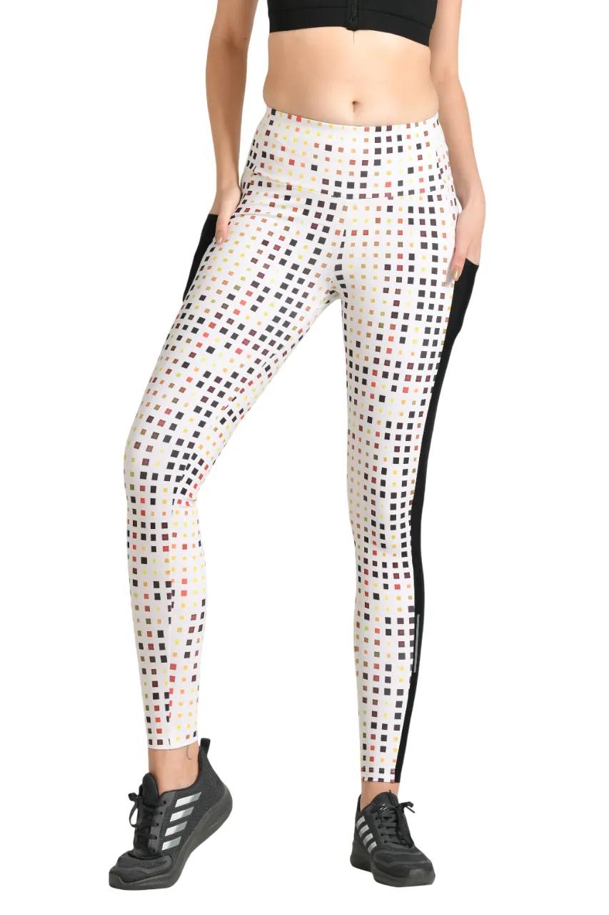 WOMEN'S MID-RISE SKINNY FIT WORKOUT PANTS WITH DIGITAL MULTI-BOX PRINT & MESH PANELS