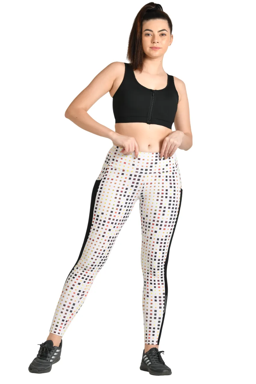 WOMEN'S MID-RISE SKINNY FIT WORKOUT PANTS WITH DIGITAL MULTI-BOX PRINT & MESH PANELS
