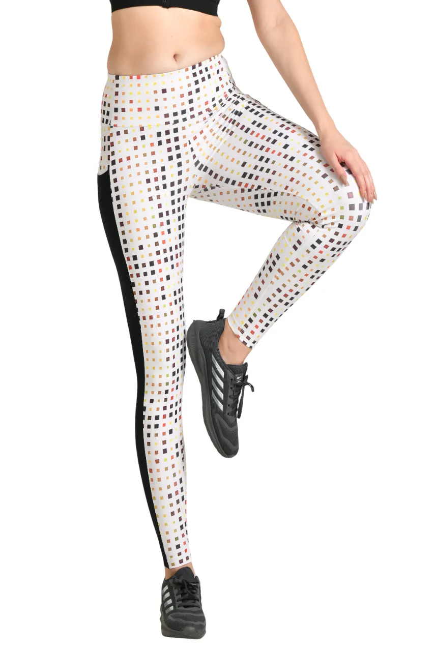 WOMEN'S MID-RISE SKINNY FIT WORKOUT PANTS WITH DIGITAL MULTI-BOX PRINT & MESH PANELS